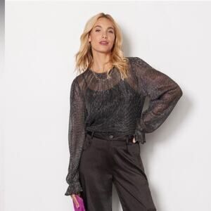 Evereve Black Metallic Sheer Long-Sleeve Blouse